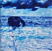 ein Miniformat in Öl  Frau läuft aus dem Meer gemalt von Gabriele Waller