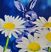ein Miniformat in Öl  Osterhase hinter Margeriten gemalt von Gabriele Waller